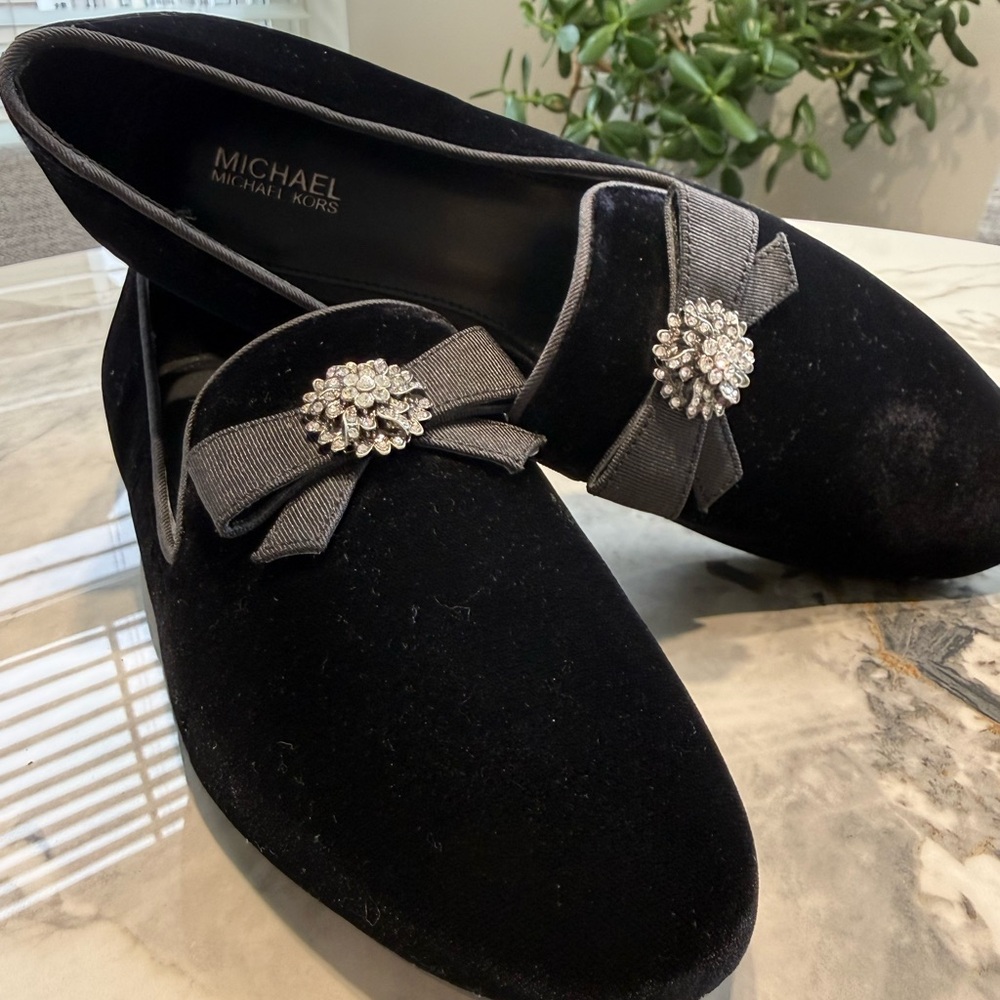 Michael Kors Black Velvet Flats with Crystal Embellishment